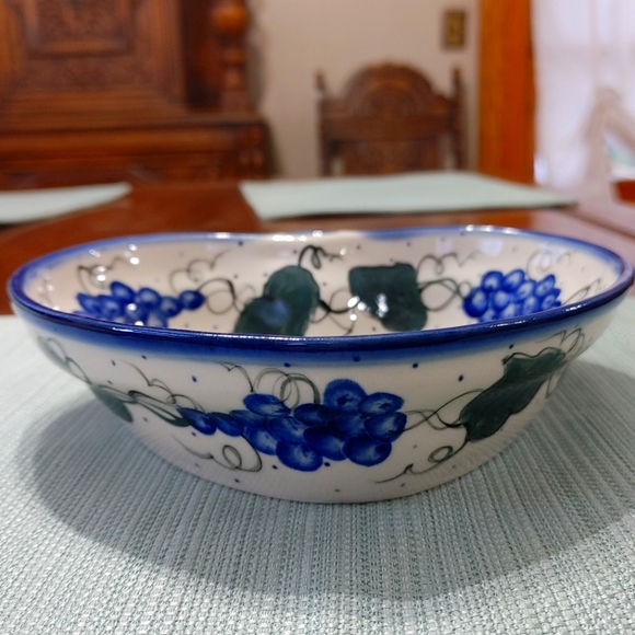 Unikat Polish Pottery Heart Shaped Dish 7-3/4" Blue Flowers EUC - Picture 4 of 9